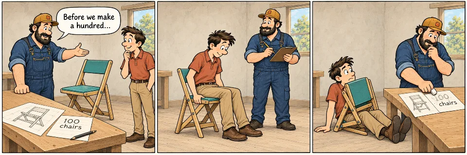 Three-panel comic: a craftsman presents a folding-chair prototype, a customer sits on it, and it collapses while the craftsman erases an order for 100 chairs.