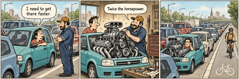 Three panel comic: a guy stuck in traffic jam asks a mechanic: "I need to get there faster". The mechanic works on the car and exults: "Twice the horsepower! But the guy and his superpower car are still stuck in traffic jam.