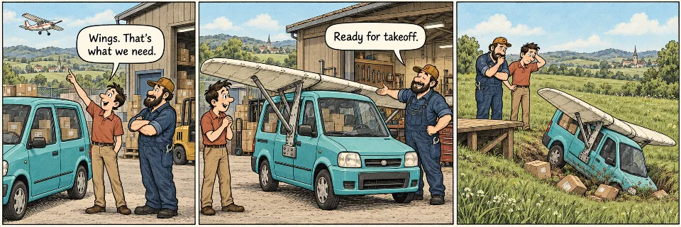 Three-panel comic: a courier sees a plane, a mechanic attaches wings to his delivery van, and the winged van drops nose-first just beyond a low ramp.