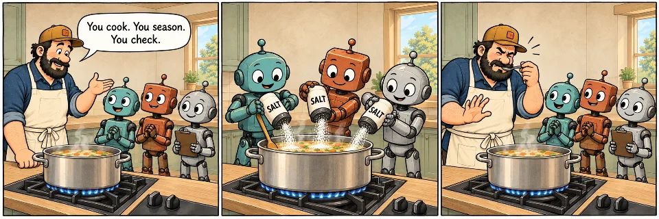 Three-panel comic: a chef assigns tasks to three robots, all three pour salt into a pot on the stove, and the chef grimaces when tasting the soup.