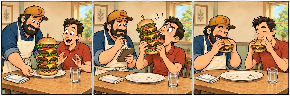 Three-panel comic: a chef serves an enormous burger, the customer cannot fit it into his mouth, and both enjoy smaller burgers after the chef adjusts the serving.
