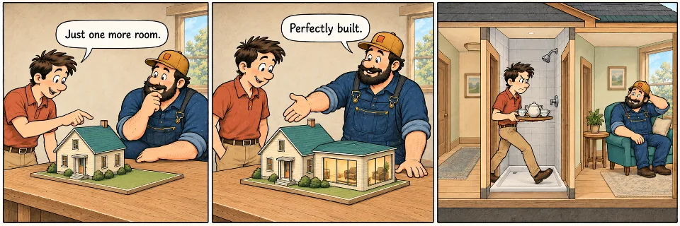 Three-panel comic: a homeowner requests another room, a builder adds a glazed extension, and the homeowner must carry tea through a shower to reach it.